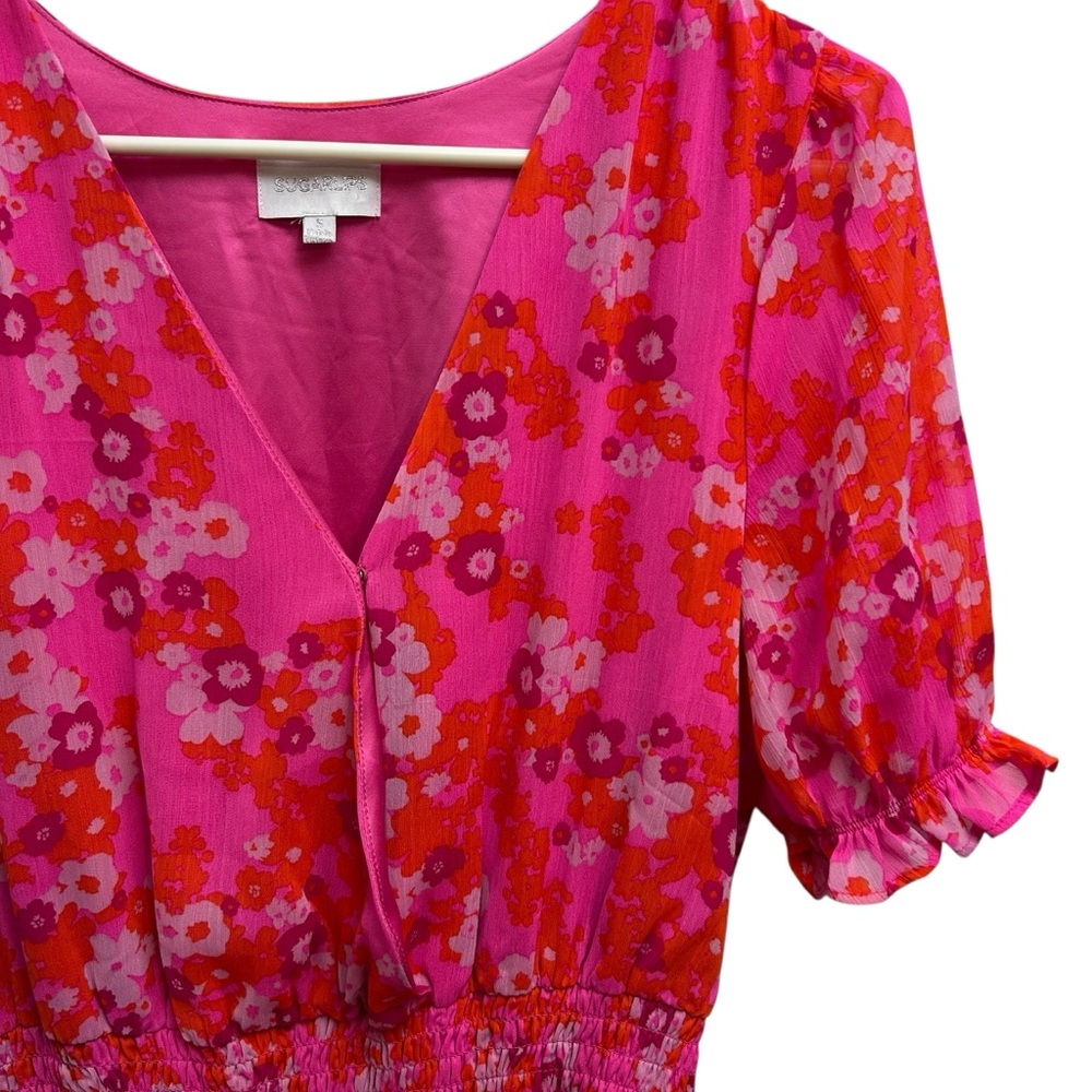 Sugarlips Hot Pink Floral Surplice Ruffle Dress - Picture 9 of 16